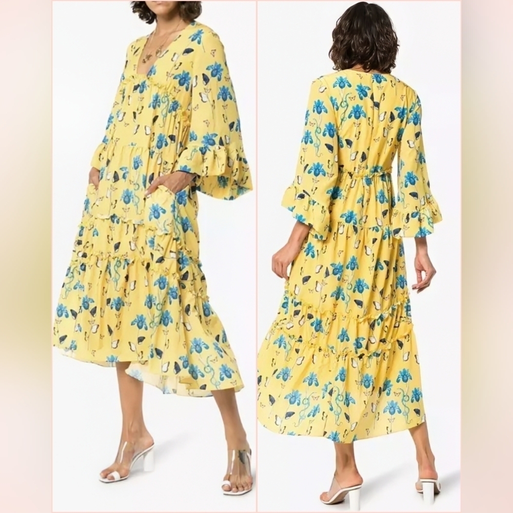 BORGO DE NOR Iris Printed High-Low Yellow Floral Dress Sz 12 Bell Sleeve Ruffles